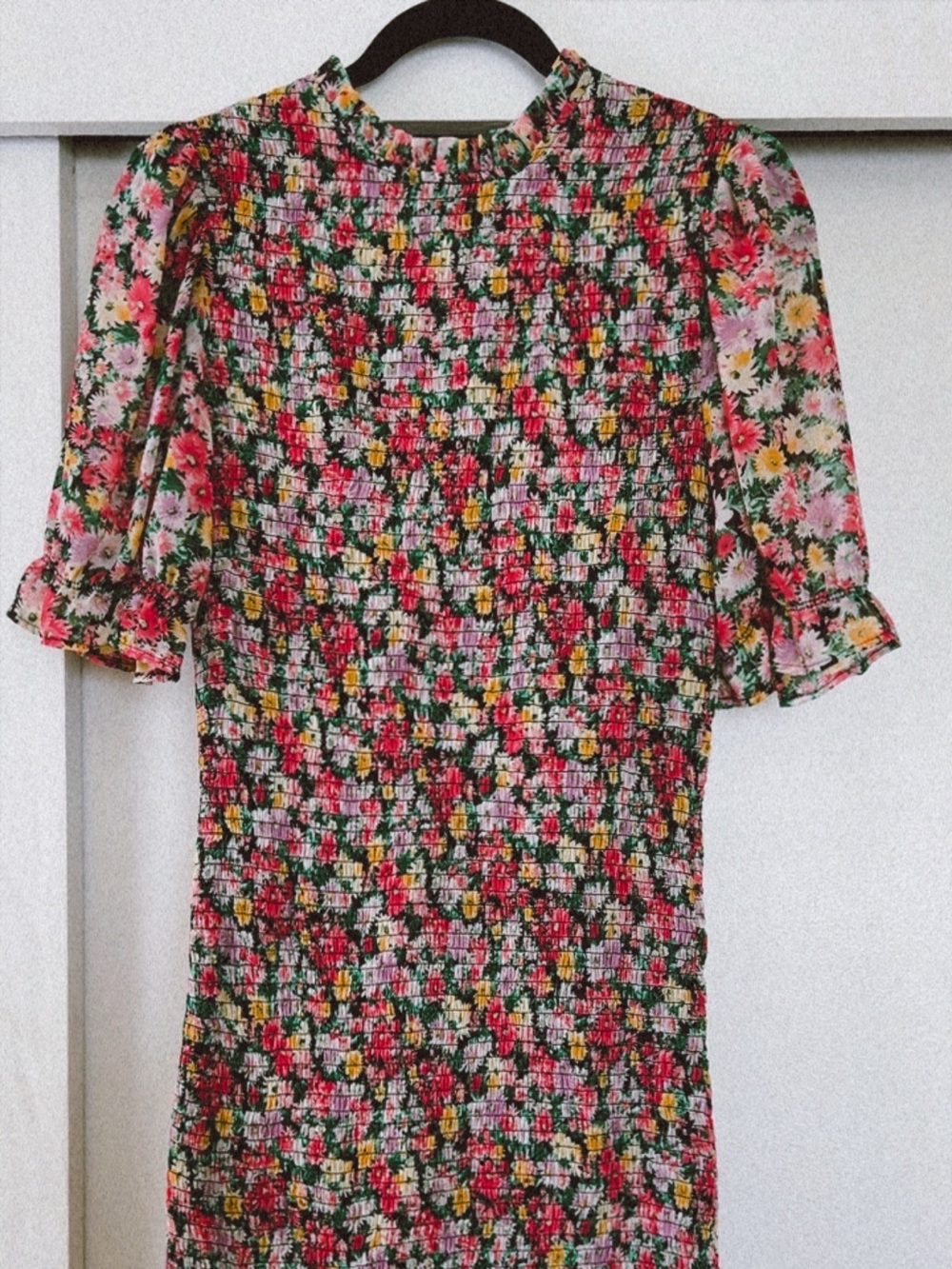Smocked Floral Midi Dress in Pink, Green & Yellow